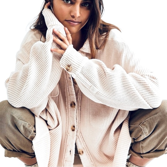 Free People Scout Ivory Cream Textured & Ribbed Oversized Button Down Jacket Lg - Picture 1 of 8